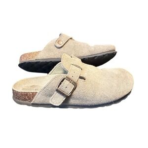 KIDMI Suede Clogs Women Beige Cork Footbed Buckle Comfort Slides